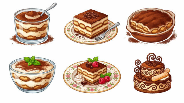 Set of six tiramisu dessert illustrations featuring different serving styles including cups, plates with raspberries and a decorated cake
