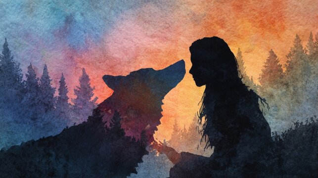 Silhouetted figure meets wolf against a fiery sunset. Forest looms behind them, bathed in warm hues. Both gaze into each other's eyes, sharing quiet connection. Tone suggests trust, peace
