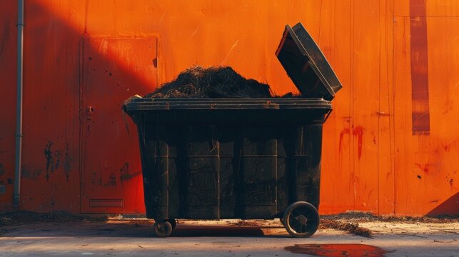 Black bin overflows with dark soil. Orange wall behind creates bold contrast. Sunlight highlights edges, shadows, and texture. Urban decay meets natural elements. Suggests neglect, cleanup