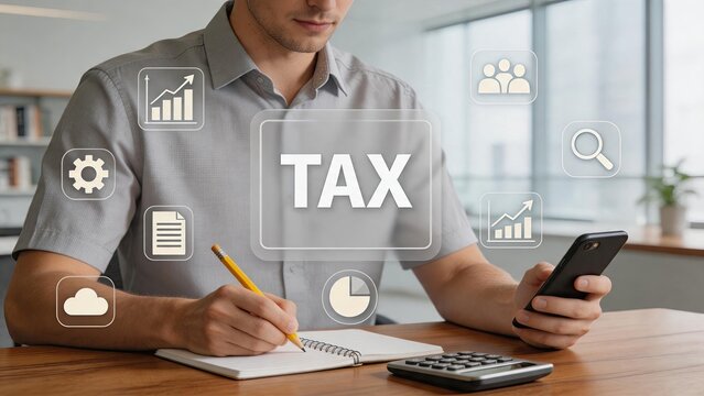 Tax calculation and accounting business concept with man writing in notebook holding smartphone surrounded by holographic icons of charts documents cloud storage settings and