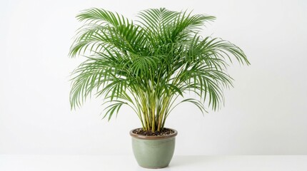 Fototapeta premium Potted areca palm plant in green ceramic pot on white background