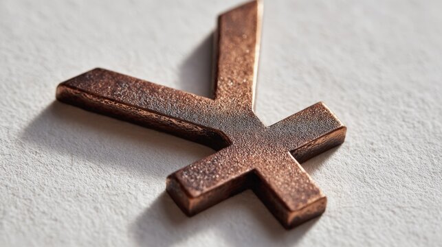 Bronze cross rests on textured gray surface. Rough, aged finish highlights craftsmanship and history. Soft shadows add depth and warmth to composition. Ideal for spiritual, religious