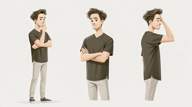 Contemplative Poses A character explores different expressions of thought and introspection, from a full-body stance to close-up shots of face and body language. 