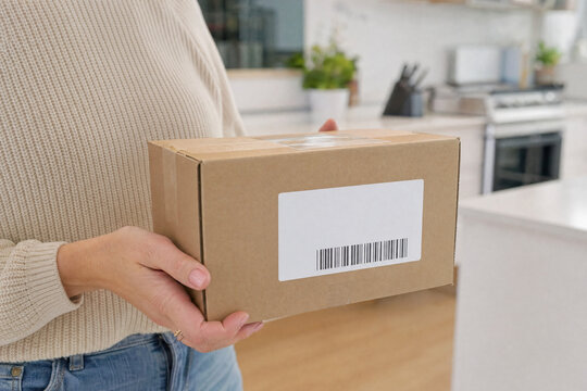 Close up of a woman in a sweater holding a package with a shipping label and barcode in a bright home kitchen, focusing on delivery, online ordering, and e-commerce concepts.