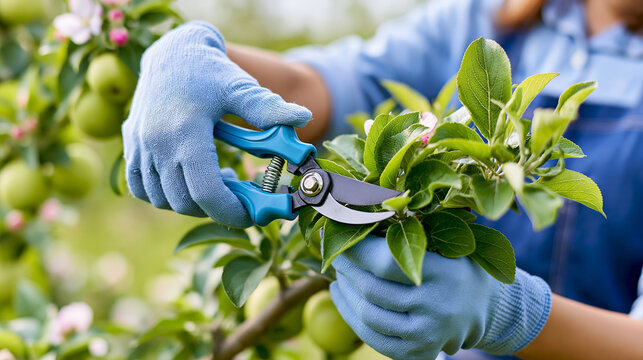 Close-up of a woman's hands pruning fruit trees and bushes in a garden with garden tools, seasonal garden maintenance concept, fruit tree care photography, spring pruning,