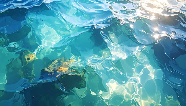 Pixelated abstract water surface with light reflections, stylized ocean waves and submerged rocks, summer vacation vibe, vibrant blue and turquoise hues, digital art illustration