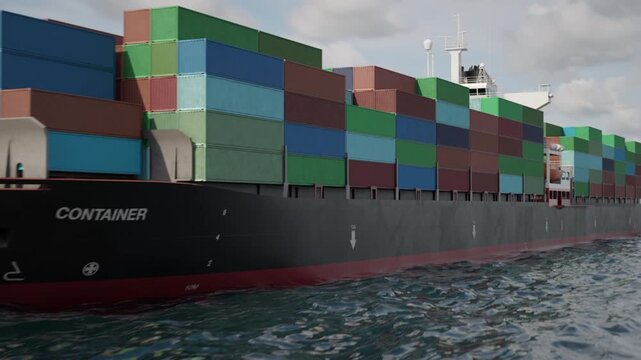 Drone-shot over an anchored container ship to reveal more anchored cargo and oil tanker ships. Aerial view of anchored ships in a calm bay. Strait of Hormuz closure concept. 3d animation render