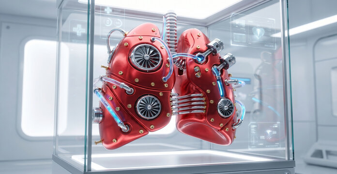 Artistic representation of metallic steampunk lungs in a sterile laboratory environment, showcasing intricate design and mechanical elements