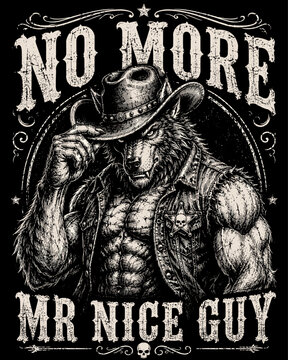 Muscular Wolf Cowboy Vintage Western Illustration with &ldquo;No More Mr Nice Guy&rdquo; Typography on Black Background