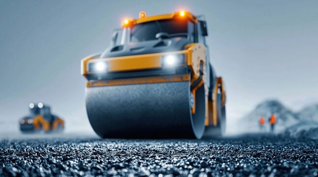 Road construction equipment rolling fresh asphalt pavement
