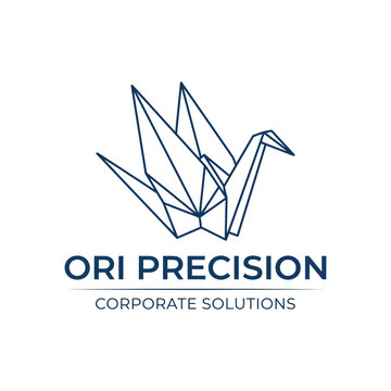 A clean blue line art logo featuring an origami crane above the text 'ORI PRECISION CORPORATE SOLUTIONS' on a white background, representing business and design.