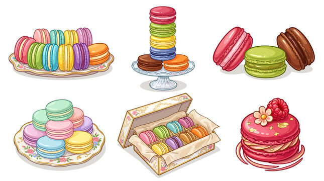 Colorful French macaron illustration set with various arrangements including stacks, gift boxes, and gourmet desserts on white background