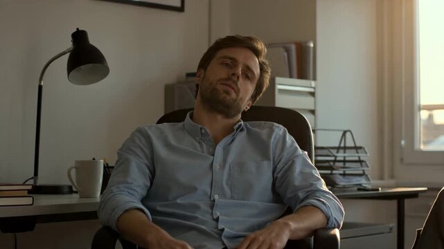 Young Caucasian Man in a Blue Shirt Leaning Back in an Chair, Appearing Tired, Disinterested