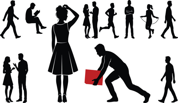 Diverse People Silhouette Set Featuring Characters Walking Running Reading Talking Skipping and Carrying Boxes for Lifestyle Community and Daily Activity Concepts