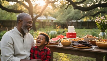 Happy African American family celebrating Juneteenth with a traditional outdoor feast, grandfather and grandson laughing together for heritage and freedom celebration concept