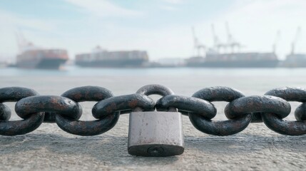 Naklejka premium Close-up of rusty heavy metal chain with a silver padlock securing it in focus, industrial port with ships and cranes blurred in background on a clear day