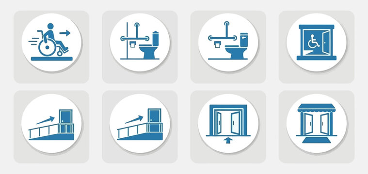 Set of blue accessibility icons for disabled housing including wheelchair ramps, accessible toilets, elevators, and wide entrance doors for inclusive design.