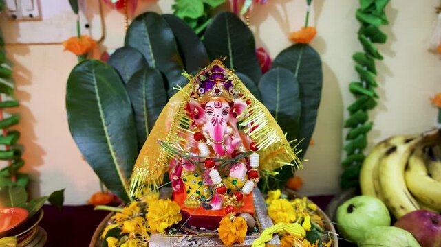 close up of holy lord Ganpti idol on ganesh chaturthi celebration at indoor