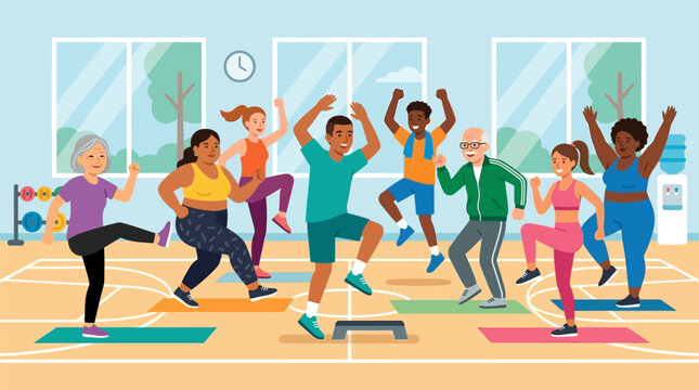 A diverse group of people of various ages and body types participating in a high-energy aerobics fitness class in a gym.
