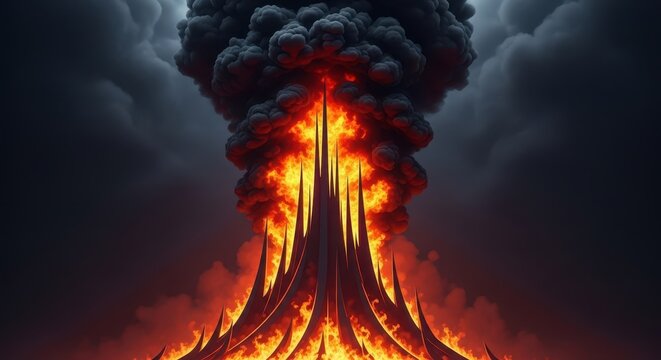 Massive structure engulfed by dangerous flames and dense black smoke, rising high into the atmosphere during a catastrophic emergency event, industrial, catastrophe, night