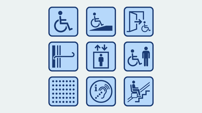 Set of blue geometric accessibility icons for disabled people including wheelchair ramp elevator and hearing assistance symbols