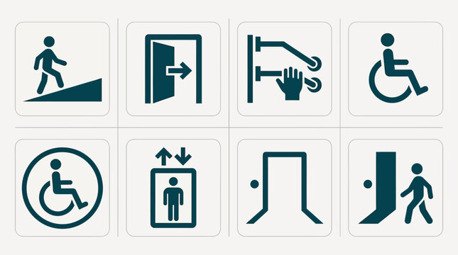 Comprehensive collection of geometric accessibility and wayfinding icons featuring wheelchair access ramp elevator exit and grab bar symbols