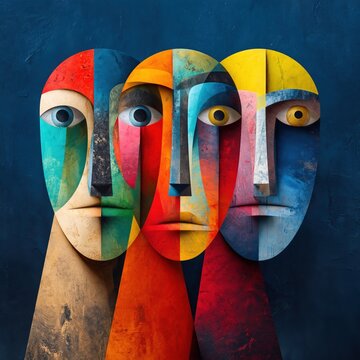 Colorful abstract cubist faces on textured blue background