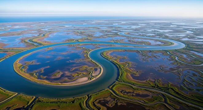 Wide aerial view of a massive river delta system where multiple serpentine channels weave through flat, sediment-rich marshland meeting the open sea, marsh, nature, sediment