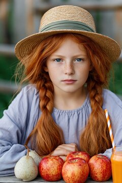 Redheaded girl with braided hair and straw hat by apples and juice for summer harvest poster and healthy food banner