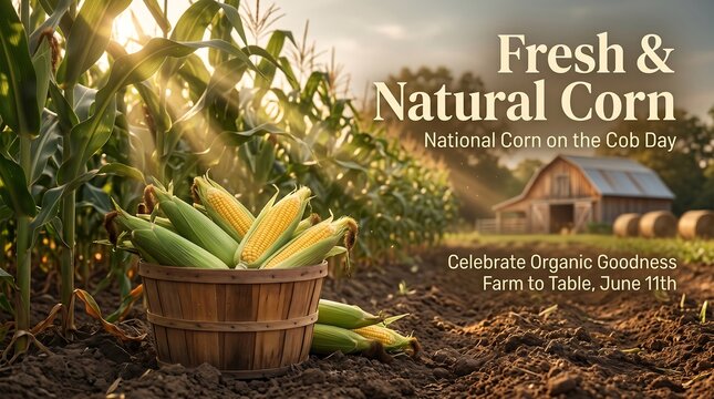 Fresh corn growing on a farm surrounded by green plants and garden flowers