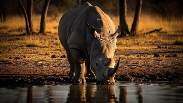 A rhinoceros bends down to drink from a serene waterhole surrounded by trees and dry grass in a natural landscape.
