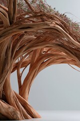 Fototapeta premium Abstract twisted wooden sculpture with flowing branches and small blossoms for natural installation design and gallery background