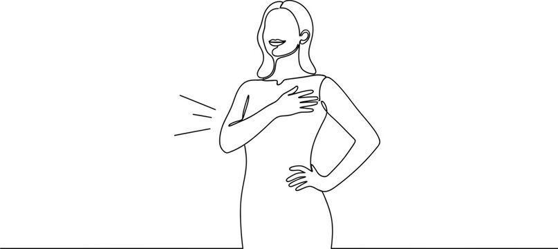 Woman's hand on chest, expressing gratitude, joy, or sincerity. Line art illustration.