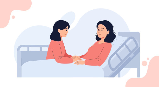 Caring Sister Holds Hand of Patient Lying in Hospital Bed, Comfort and Support
