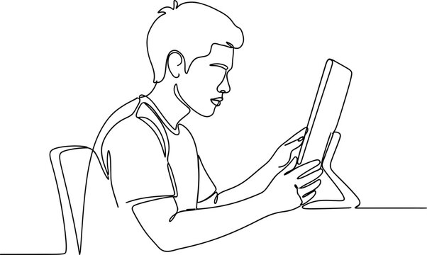 Young man drawing on tablet with stylus, continuous line art