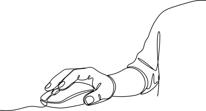 Continuous line drawing of a hand holding a computer mouse, minimalist style