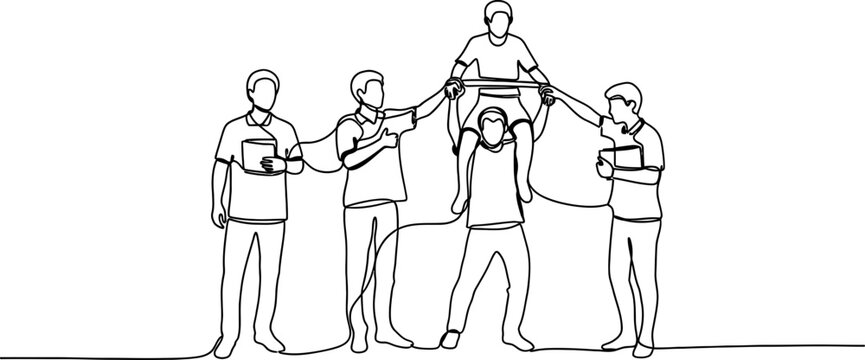 Teamwork human pyramid, people holding books, collaboration and support, continuous line drawing