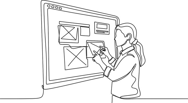 Woman designing website wireframes on a digital board, single line art illustration