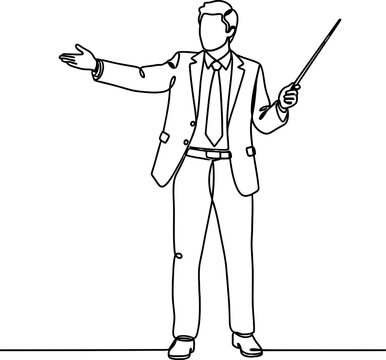 Businessman presenting with pointer stick, confident gesture, minimalist line art