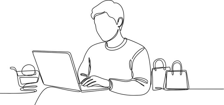 Man shopping online with laptop, shopping cart and bags, continuous line art