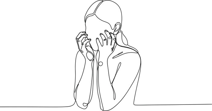 Woman's face hidden by hands, single line drawing, emotional expression, mental health concept
