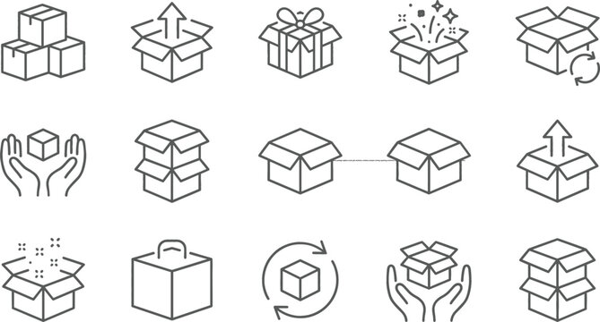 Packaging and cardboard box outline icons collection featuring delivery storage shipping gift and recycling symbols vector illustration set