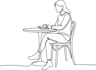 Fototapeta premium Minimalist line drawing of a woman sitting at a cafe table with coffee