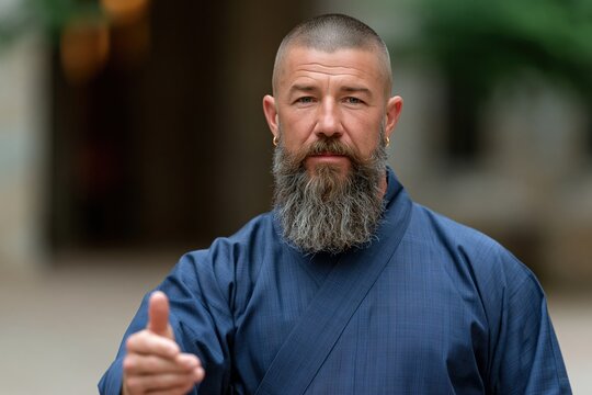 Mature bearded man in traditional robe extending a hand for greeting portrait for banner background and cultural editorial use with calm expression