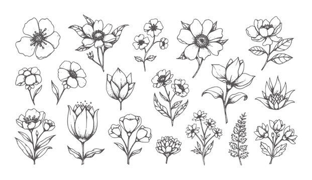 Collection of hand drawn floral in dark grey flower botanical nature plant