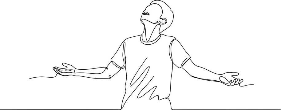 Man with arms outstretched in a single line drawing, looking up in awe or praise