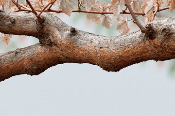 Obraz premium Textured tree branch closeup with peeling bark and pale leaves for natural background and botanical poster design