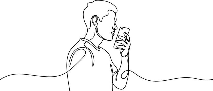 Continuous line drawing of a man talking on a smartphone, minimalist, single line art