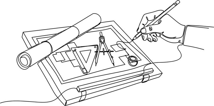 Architectural drawing with hand, blueprints, compass, and triangle ruler