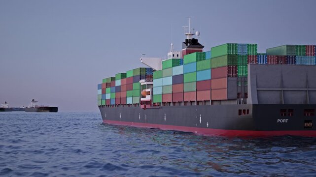 Drone-shot over an anchored container ship to reveal more anchored cargo and oil tanker ships. Aerial view of anchored ships in a bay at sunset. Strait of Hormuz closure concept. 3d animation render